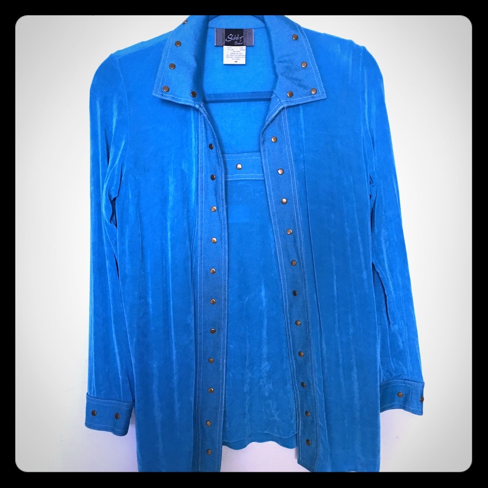 Slinky Brand Women’s Versatile Two Piece Studded Stretch Cardigan Tank Set